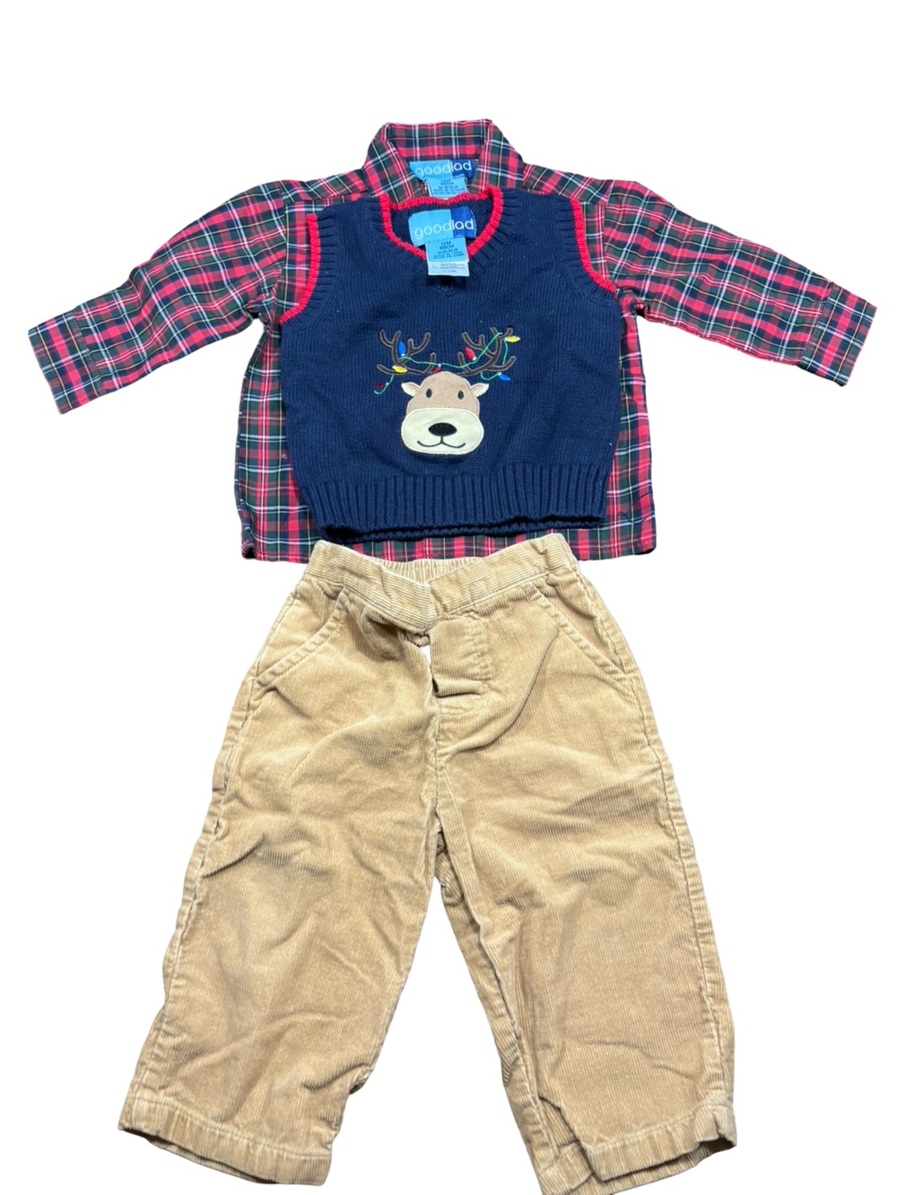 Good Lad Reindeer Plaid Holiday Outfit With Vest And Khakis Boys Size 12 Months